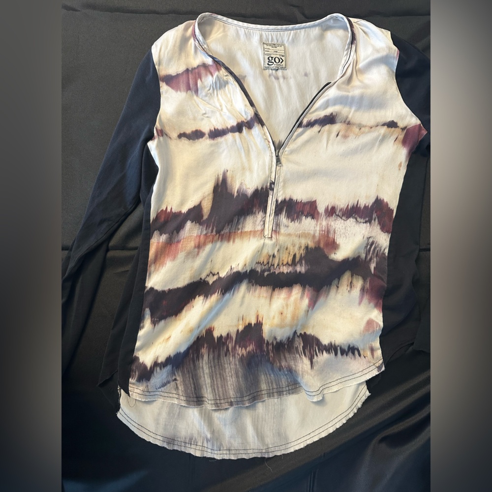 GO BY GO SILK Tie-Dye Long Sleeve Top - Black and Cream